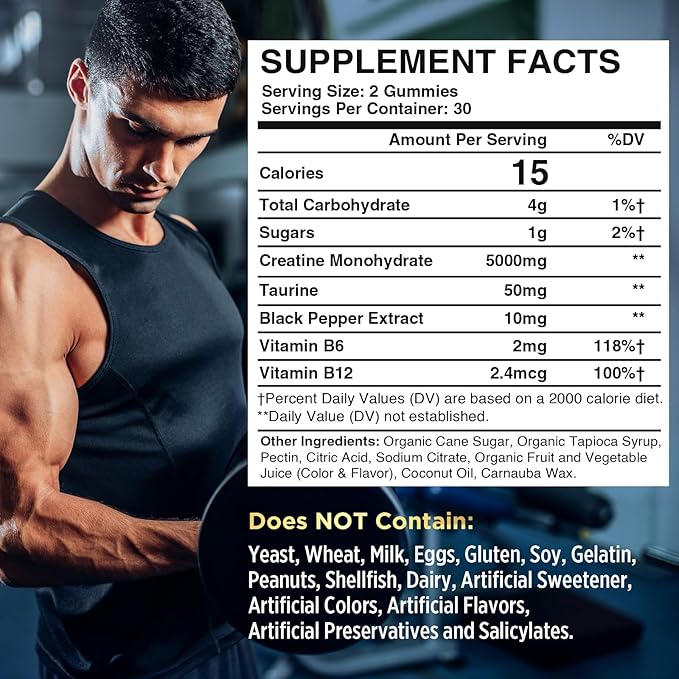 Creatine Monohydrate Gummies for Men & Women, Creatine Pre Workout Gummies with Taurine&B6, Chewable Creatine Monohydrate Gummies 5g, Increase Strength, Energy, Endurance, Muscle, Vegan, Organic