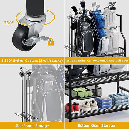 DWVO Golf Bag Organizer for Garage, Golf Storage Organizer w/Wheels for Garage Club and Shed, Golf Bag Storage Rack w/Drawer for Golf Bags, Clubs, Balls and Other Equipment Accessories