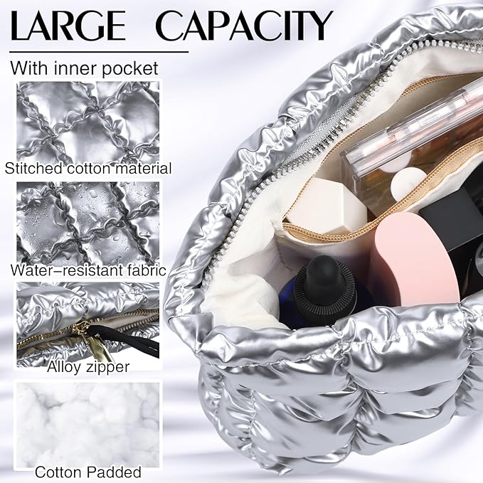 Hillban Puffy Quilted Makeup Bag Quilted Cosmetic Bag Cute Puffer Toiletry Checkered Pouch Aesthetic Travel Makeup Brushes Organizer(Silver,Classic)