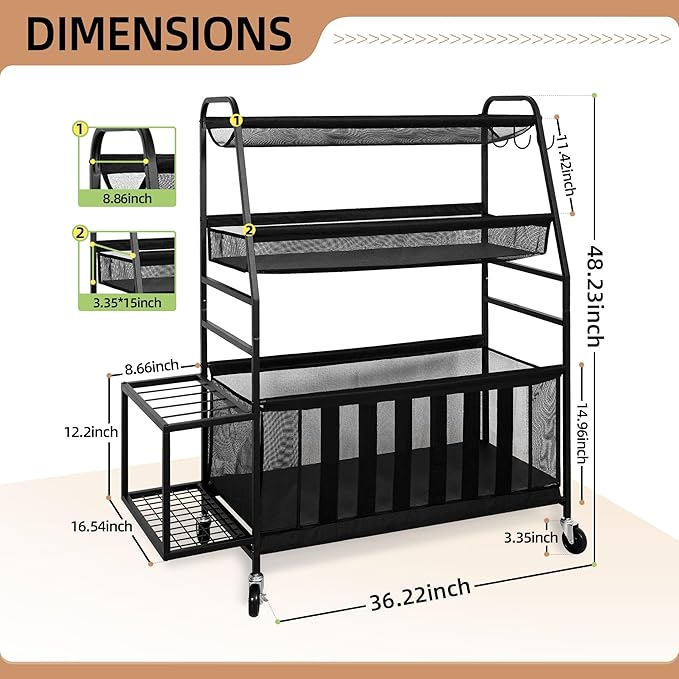 STORAGE MANIAC Ball Storage Bin Rolling Sports Ball Cart, Metal Garage Organizer Sport Rack Basketball Storage Cage for Garage or Gym, Indoor & Outdoor Sports Equipment Organizer