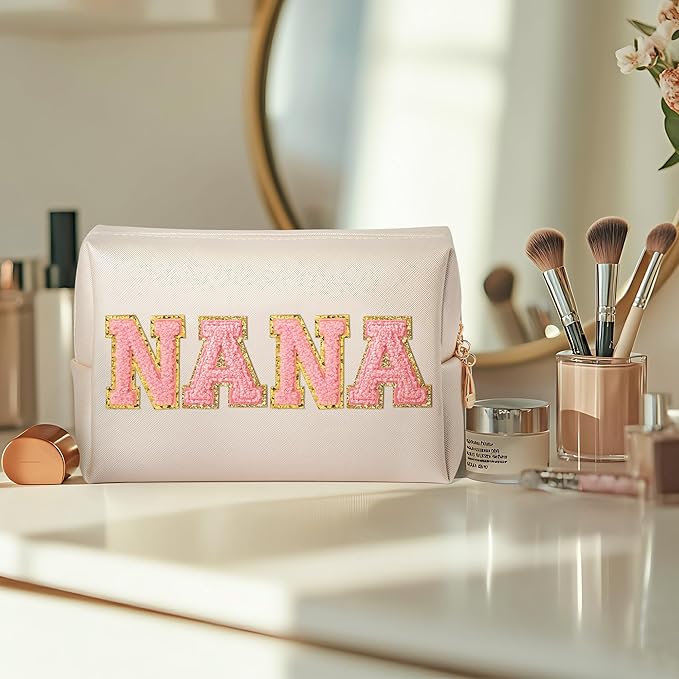 CY2SIDE NANA Letter Makeup Bag - Pink Nana Chenille Letter Patch Cosmetic Bag for Grandma Women Shell Gold PU Leather Patch Pouch Waterproof Portable Zipper Travel Organizer Gift for Mother's Day