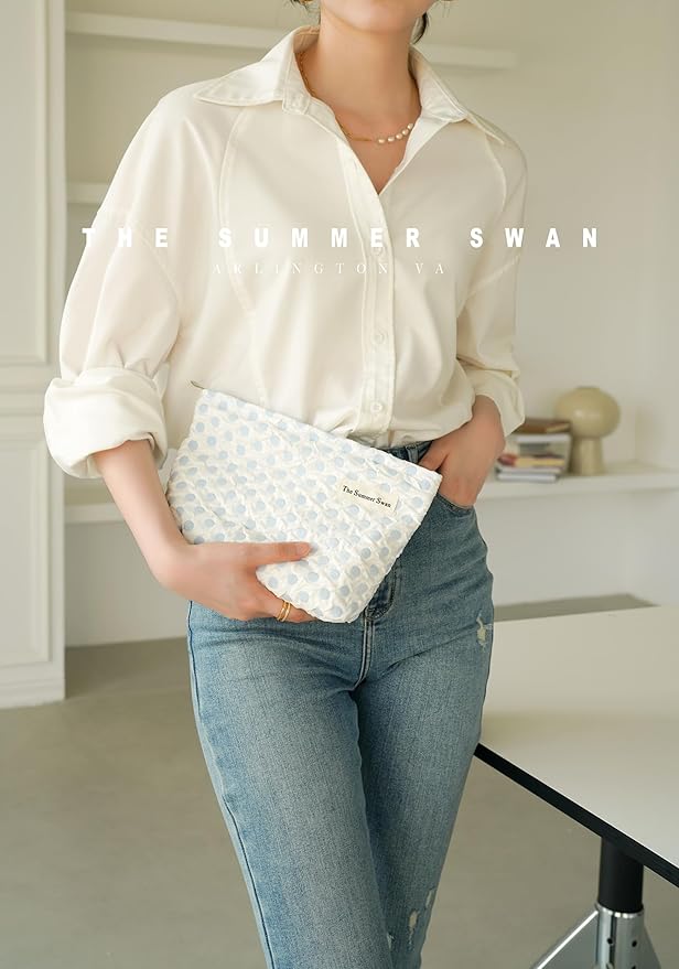 The Summer Swan | Large Aesthetic Makeup Bag | Floral Makeup Bag | Mid-day Clutch | Period Kit Bag | Hygiene Bag | Skincare Bag | Cute Makeup Bag (Polka Dots Blue)