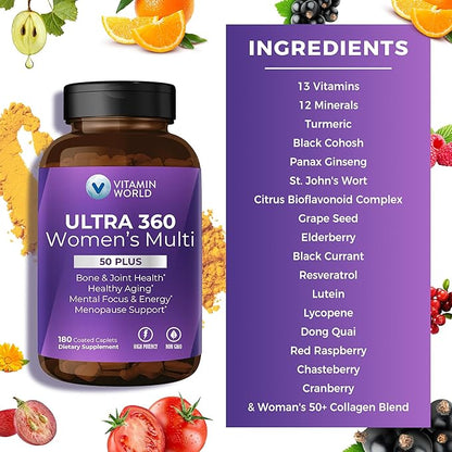 Vitamin World Ultra 360 Multivitamin for Women 50 Plus, Women's 50+ Multivitamin with Minerals & Herbs for Menopause Support, Supplement with Vitamin B, D, E & Zinc for Healthy Aging, 180 Caplets
