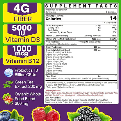 Probiotics Fiber Gummies for Adults Sugar Free + Psyllium Husk Fiber Supplement (Soluble + Insoluble) /w Vitamin B12 1000 mcg Vitamin D3 5000 iu for Fulfill, Metabolism, Gut & Digestive Health, 120Cts