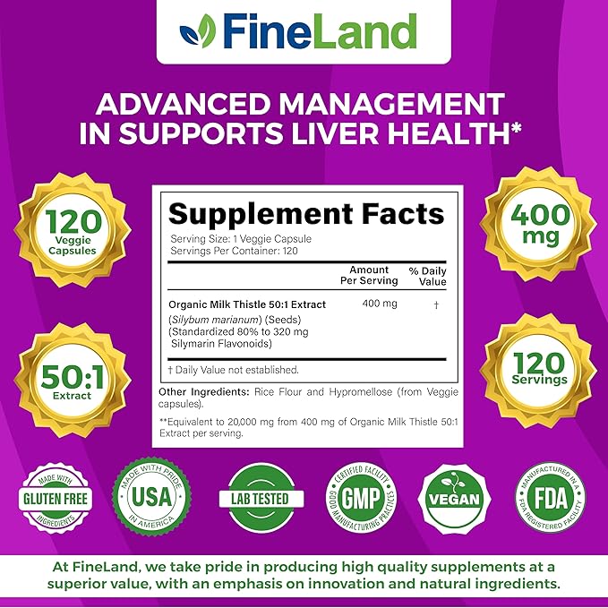 FineLand MILK THISTLE SILYMARIN Extract 50:1, Max Strength 20,000mg Eq Per Capsule, Liver Cleanse Detox, Liver Health Support Supplement, Antioxidant,120 Veggie Caps, 4 Months’ Supply, Vegan, Natural.