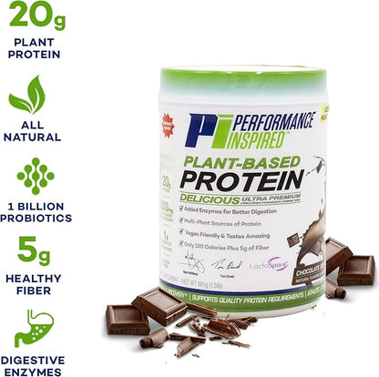 Performance Inspired Nutrition Plant Protein Powder - All Natural - 20G - 1B Probiotics - Digestive Enzymes - Fiber Packed - G Free - Chocolate Delight - 1.5lb
