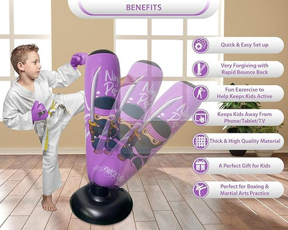 Punching Bag for Kids - 5' 3" Tall and Stable - Ninja Kids Inflatable Punching Bag Combo Kit with Kids Boxing Gloves, a Pump and Repair Kit. Boxing Bag for Immediate Bounce Back