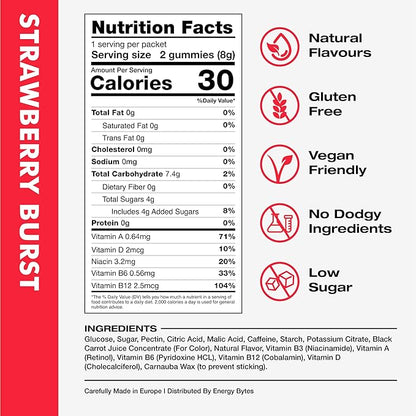 Energy Bytes Caffeine Gummies | Instant Energy Chews for Running, Cycling and Sports Performance | Vegan, Low Sugar | Strawberry Burst (12-Pack)