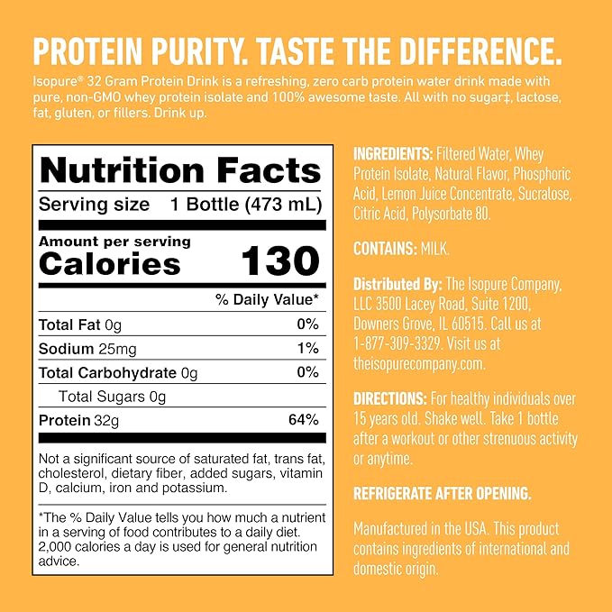 Isopure Zero Carb 32g Protein Ready-to-Drink, Whey Protein Isolate, Lemonade, 16 Fl Oz (12 Bottles)