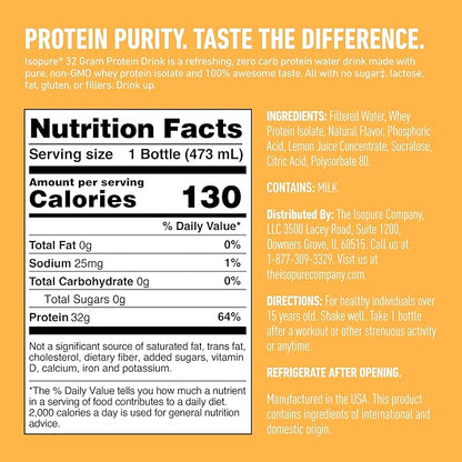 Isopure Zero Carb 32g Protein Ready-to-Drink, Whey Protein Isolate, Lemonade, 16 Fl Oz (12 Bottles)