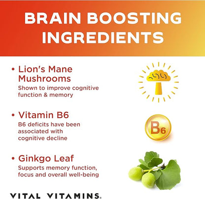 Vital Vitamins Brain Supplements for Memory & Focus - Brain Booster Plus Lion's Mane - Nootropic Brain Health - Memory, Clarity, Energy, Brain Fog - 60 Ct