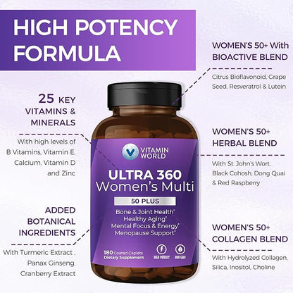 Vitamin World Ultra 360 Multivitamin for Women 50 Plus, Women's 50+ Multivitamin with Minerals & Herbs for Menopause Support, Supplement with Vitamin B, D, E & Zinc for Healthy Aging, 180 Caplets