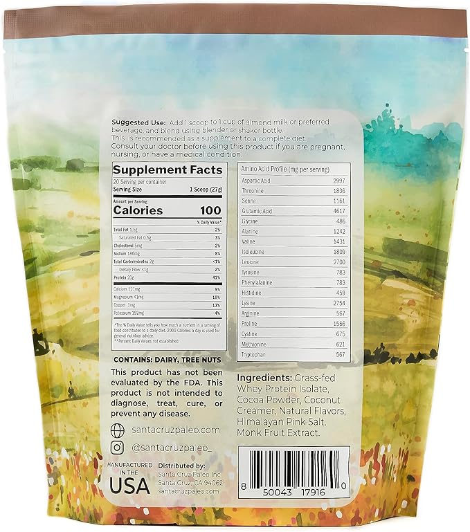 Santa Cruz Paleo Whey Protein Powder, Chocolate, 20g Grass Fed Whey Protein Isolate Per Serving, Gluten Free, Keto, Sugar Free, Paleo, Natural, Post Workout Muscle Support, 20 Servings, 1.2lb Bag