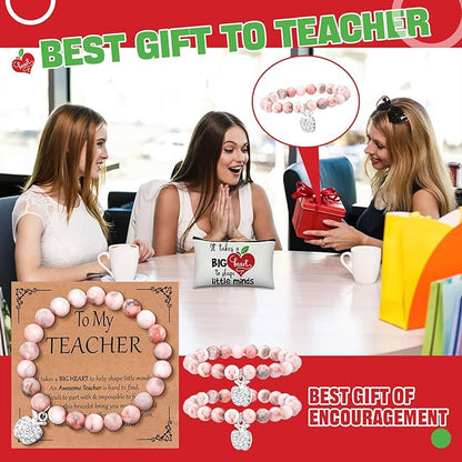 Tondiamo 6 Sets Teacher Graduation Appreciation Gifts for Women Include 6 Natural Stone Bracelets 6 Cards 6 Canvas Makeup Bags Back to School End of Year Teacher Gifts for Retirement Birthday
