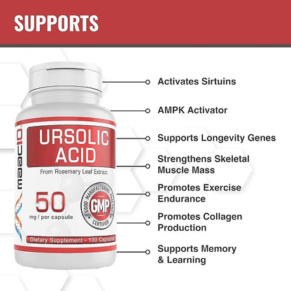 MAAC10 Ursolic Acid 50mg (100 Capsules 3X for 150mg 33-Day Serving) | Sourced from Rosemary Extract | Third-Party Lab Tested | AMPK & Sirtuin Activator