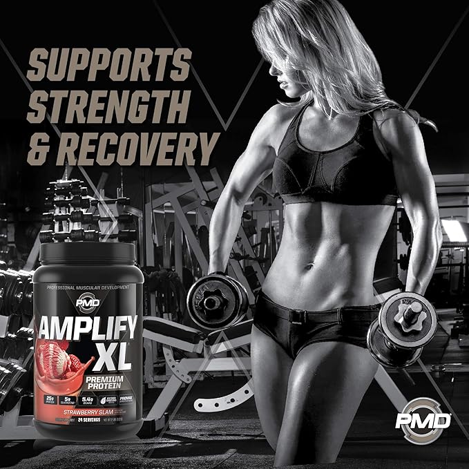 PMD Sports Amplify XL Premium Whey Protein Supplement Hydro Greens Blend - Glutamine and Whey Protein Matrix with Superfood for Muscle, Strength and Recovery - Strawberry Slam (24 Servings)