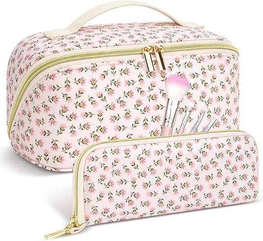 Travel Makeup Bag Set, 2Pcs Large Capacity Flower Make up Bag Quilted Cosmetic Bag for Girls, Red Flower Cute Travel Toiletry Bag for Women Wide Open Floral Cotton Stuff Bag Skin Care Bag