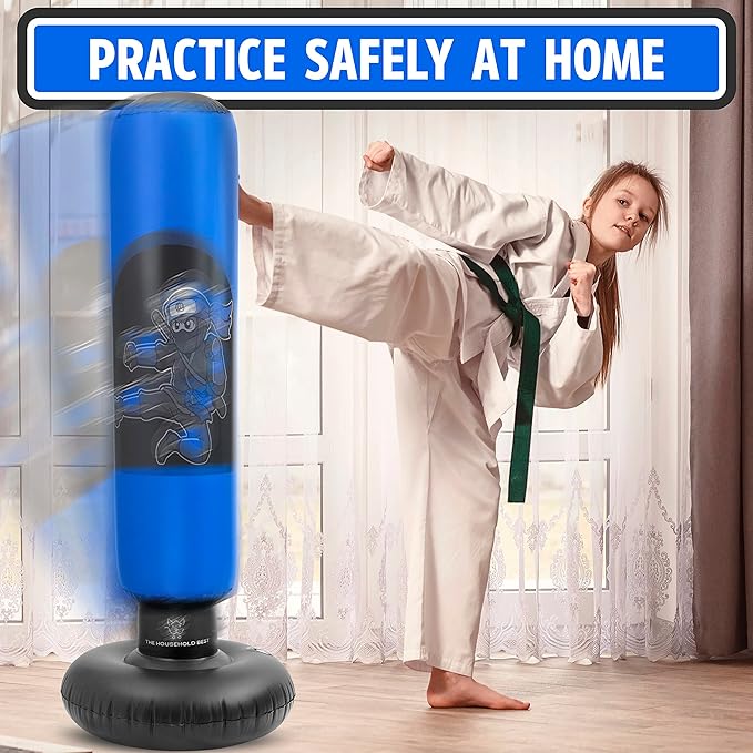 THB Punching Bag for Kids - Inflatable Punching Bag Stand with Boxing Gloves for Kids Age 3-8, 63” Ninja Boxing Bag with Electric Air Pump to Practice Taekwondo, Karate, MMA, Bouncing Back Boxing Set