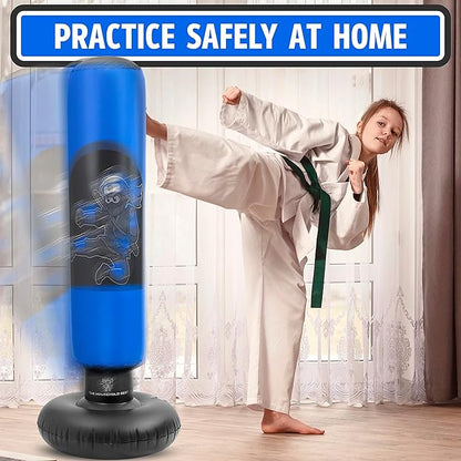 THB Punching Bag for Kids - Inflatable Punching Bag Stand with Boxing Gloves for Kids Age 3-8, 63” Ninja Boxing Bag with Electric Air Pump to Practice Taekwondo, Karate, MMA, Bouncing Back Boxing Set