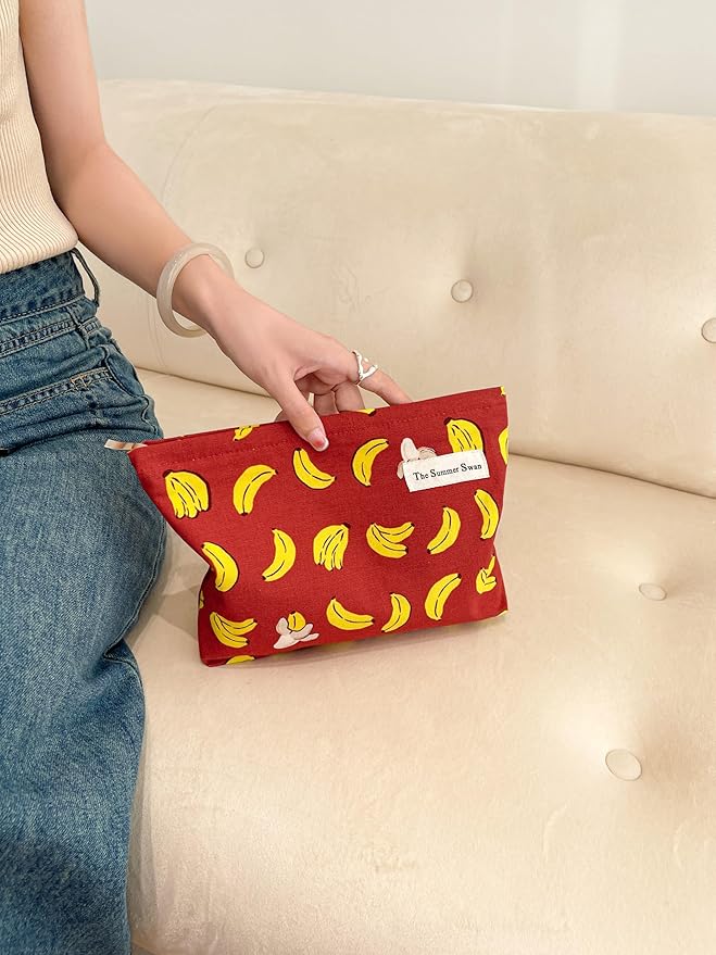 The Summer Swan Large Floral Mid-day Clutch Period Kit Hygiene Skincare Cute Makeup Bag (Banana Red)
