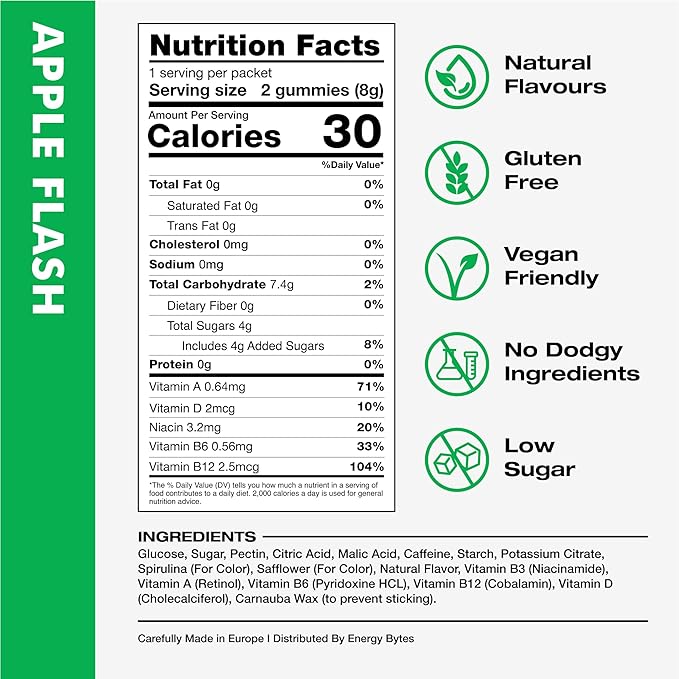 Energy Bytes Caffeine Gummies | Instant Energy Chews for Running, Cycling and Sports Performance | Vegan, Low Sugar | Apple Flash (12-Pack)