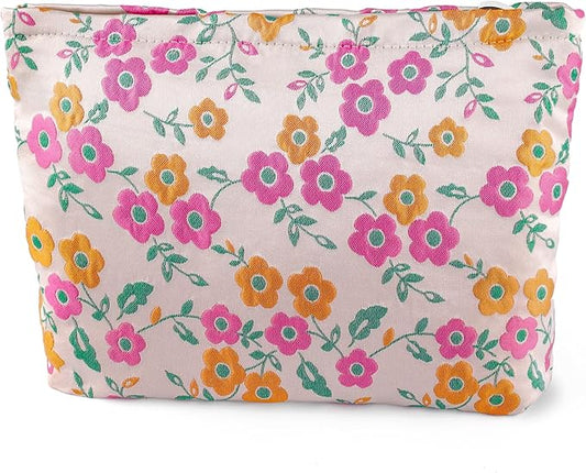 Daisy Flower Makeup Bag Travel Large Floral Cosmetic Bag for Women Cute Makeup Pouch Zipper Aesthetic Portable Toiletry Bags Skincare Organizer Bag Cosmetic Pouch for Purse(Orange and Pink)