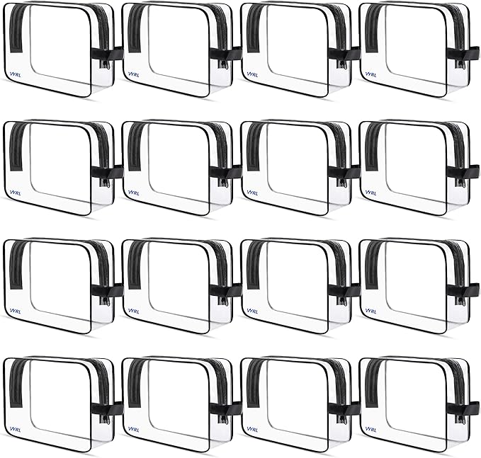 VYRL 16 Pack Clear Makeup Bag - Quart Size 3-1-1 TSA Approved Toiletry Bag with Zipper - Water-Resistant Durable PVC Clear Toiletry pouches for Carry-on Airport Travel Accessories - Black