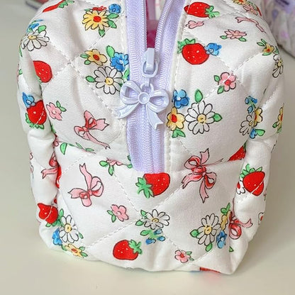 Quilted Makeup Bag, Handmade Strawberry Cosmetic Bag Pencil Case Coquette Aesthetic Floral Makeup Organizer Bag, Travel Skincare Toiletry Brushes Organizer(White Berries)