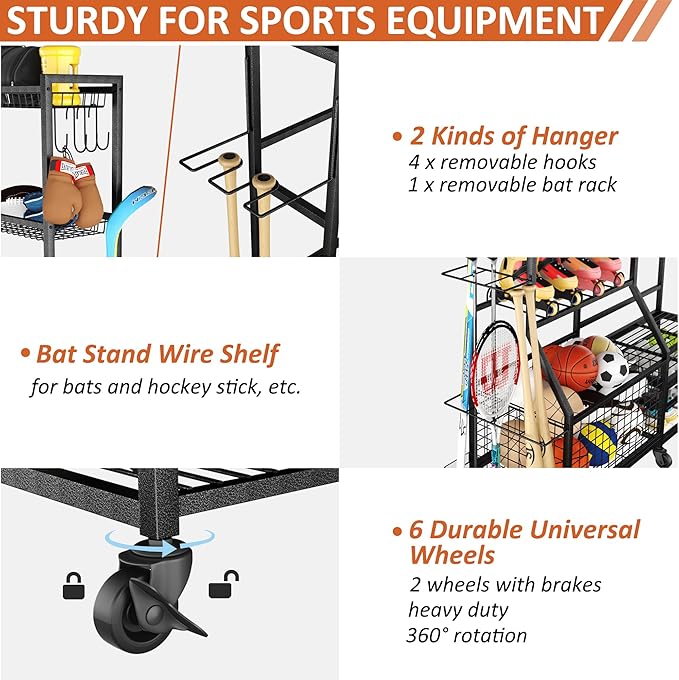 Gadroad Sports Equipment Organizer, Ball Rack, Gear & Ball Storage - Garage Organizer with Baskets, Hooks & Rolling Cart - Black