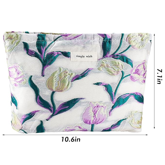 ZLFSRQ Tulip Makeup Bag Travel Cute Purple Flower Floral Cosmetic Bags for Women Large Embroidery Toiletry Pouch Zipper Cosmetic Pouch for Purse Aesthetic Makeup Organizer Bag Portable Toiletry Bags
