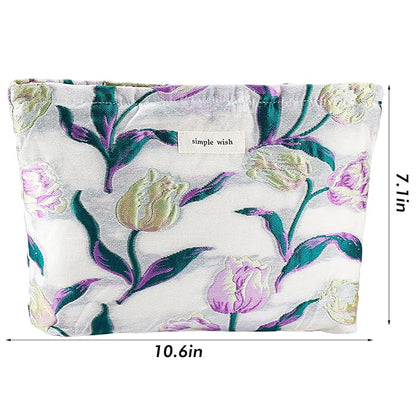 ZLFSRQ Tulip Makeup Bag Travel Cute Purple Flower Floral Cosmetic Bags for Women Large Embroidery Toiletry Pouch Zipper Cosmetic Pouch for Purse Aesthetic Makeup Organizer Bag Portable Toiletry Bags