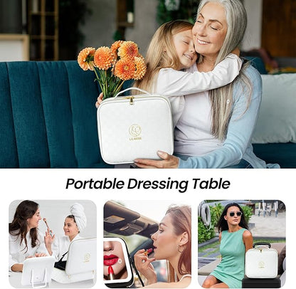 Makeup Bag with Light up Detachable Mirror 3 Color Scenarios Adjustable Brightness Large Cosmetic Organizer Storage Adjustable Dividers Waterproof Makeup Brushes Toiletry Gift White