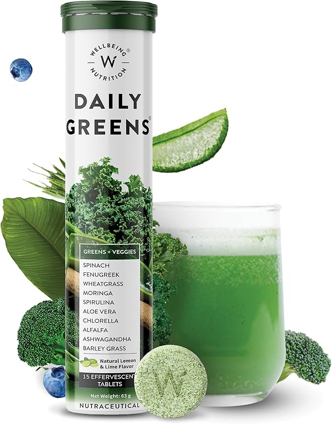 WELLBEING NUTRITION Daily Greens | Natural Lemon and Lime Flavour | 15 Tablets 63g (2.22Ounce)