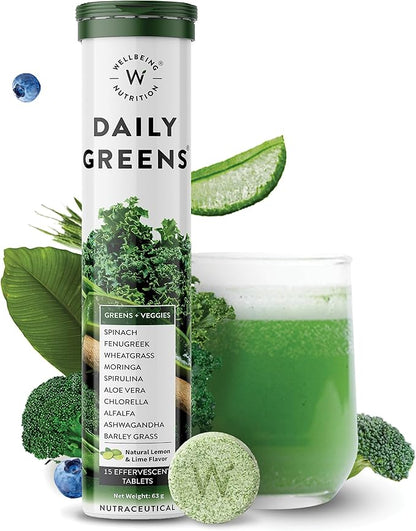 WELLBEING NUTRITION Daily Greens | Natural Lemon and Lime Flavour | 15 Tablets 63g (2.22Ounce)