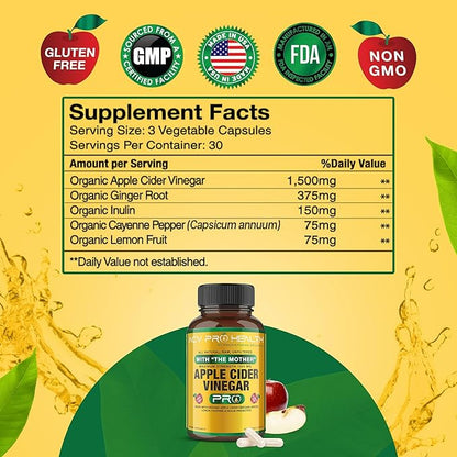 2-Pack ACV Pro Apple Cider Vinegar Capsules Certified Organic with Mother ACV Pills Detox Cleanse Acid Reflux Relief Support Supplement Ginger Root Cayenne Pepper Powder