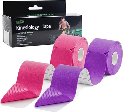 MUEUSS Pregnancy Belly Tape Support,Kinesiology Tape Elastic Cotton Athletic Tape Precut Strips,Waterproof Tape for Muscles,Knees,Shoulders Plantar Fasciitis Pain Relief (2rolls Pink&Purple)
