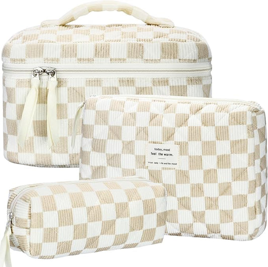 Quilted Makeup Bag Set, 3Pcs Large Checkered Corduroy Cosmetic Bags, Cute Coquette Makeup Bag Toiletry Zipper Pouch Bag for Women and Girls Checkered