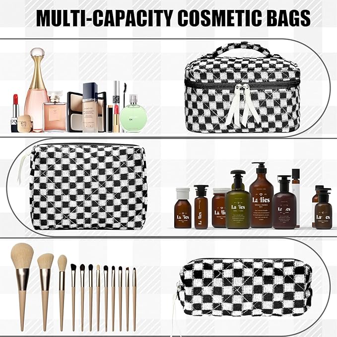 Quilted Makeup Bag Set, 3Pcs Large Checkered Corduroy Cosmetic Bags, Cute Coquette Makeup Bag Toiletry Zipper Pouch Bag for Women and Girls Checkered