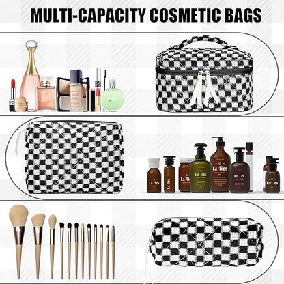 Quilted Makeup Bag Set, 3Pcs Large Checkered Corduroy Cosmetic Bags, Cute Coquette Makeup Bag Toiletry Zipper Pouch Bag for Women and Girls Checkered