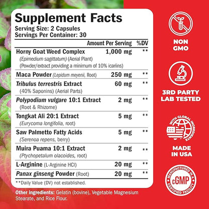 Tongkat Ali for Men - Healthy Testosterone Support. Balanced Energy Supplements for Men with Horny Goat Weed, Maca Root Powder, Tribulus Terrestris, Saw Palmetto Extract. Tongat-Ali for Men. 60 Caps