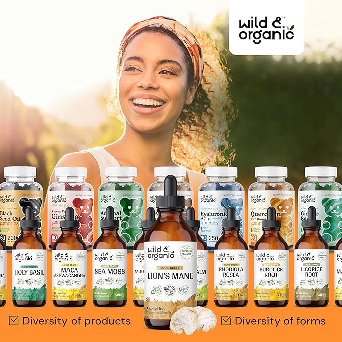 Wild & Organic Lion's Mane Tincture - Brain Supplements for Focus - Lions Mane Liquid for Brain - Lion's Mane Mushroom Supplement - Mushroom Drops for Brain Health Support - Lions Mane Supplement 4 oz
