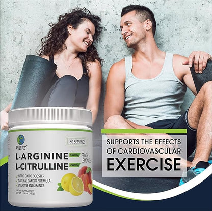 L-Arginine 5000mg + L-Citrulline 2000mg Complex Powder Supplement - Nitric Oxide Booster - Heart Health, Blood Flow, Energy & Endurance - 30 Servings (Peach Lemonade)