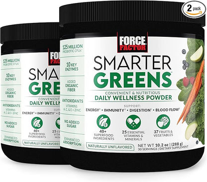 FORCE FACTOR Smarter Greens Daily Wellness Powder 2-Pack to Support Energy, Immunity & Digestion, Greens Powder, Superfood Powder with Vitamins, Minerals & Probiotics, Unflavored, 60 Servings