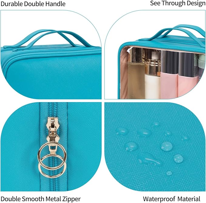 OCHEAL Makeup Bag, Double Layer Cosmetic Bag, Large Capacity New Look Clear Cosmetic Case for Women Travel Beauty Essentials, Multiple Compartments Makeup Case Organizer Zipper Pouch -Blue