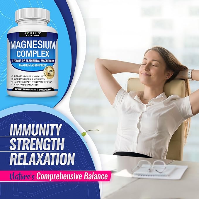 Toplux, Magnesium Complex Supplement 8 Elemental 1000mg - Magnesium Glycinate, Citrate, Malate, Taurate, Chelated for Easy Absorption for Bones, Muscle, Recovery, Energy, Vegan Non-GMO 90 Capsules