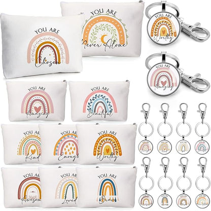 Sieral 20 Pcs Inspirational Gifts for Women Cosmetic Makeup Bags and Keychains Bulk with Inspirational Quotes Appreciation Gifts for Women Mom Nurse Teacher Graduation Employee(Rainbow)