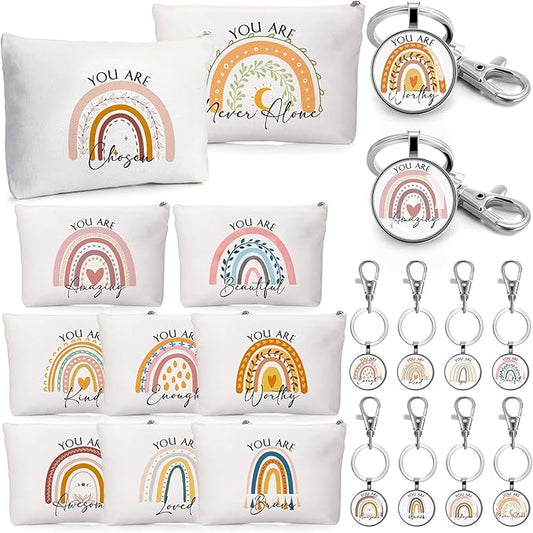 Sieral 20 Pcs Inspirational Gifts for Women Cosmetic Makeup Bags and Keychains Bulk with Inspirational Quotes Appreciation Gifts for Women Mom Nurse Teacher Graduation Employee(Rainbow)