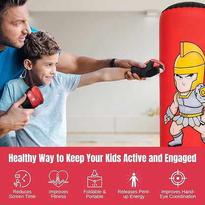 Inflatable Punching Bag for Kids 3-12 with Boxing Gloves - Tall 63 Inch Stable & Thick Punching Bag for Practicing Karate, Taekwondo and to Exert Excess Energy - Birthday Gift for Kids