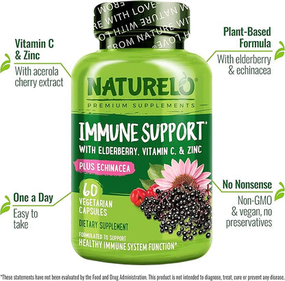 NATURELO Immune Support – Vitamin C, Elderberry, Zinc, Echinacea – Natural Immunity Boost w/Antioxidant, Herbal & Mineral Defense - Twin Pack - 120 Vegan Capsules