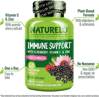 NATURELO Immune Support – Vitamin C, Elderberry, Zinc, Echinacea – Natural Immunity Boost w/Antioxidant, Herbal & Mineral Defense - 60 Vegan Capsules